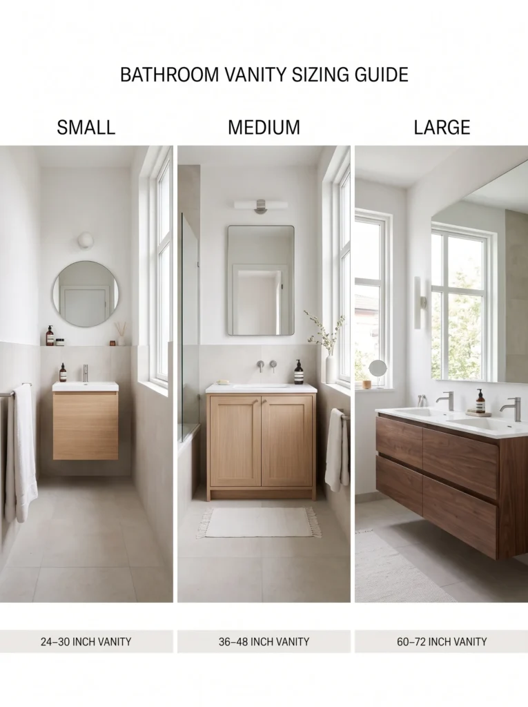 Comparison of common bathroom vanity widths in different bathroom sizes.