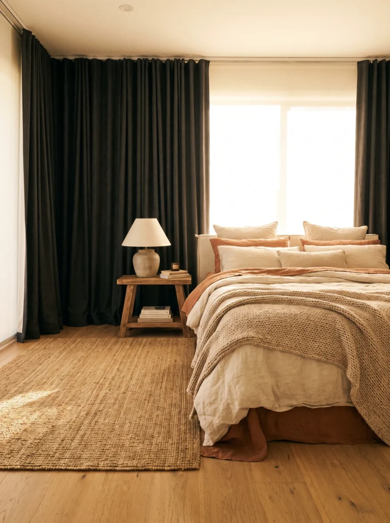 Bedroom with full-length curtains touching the floor.