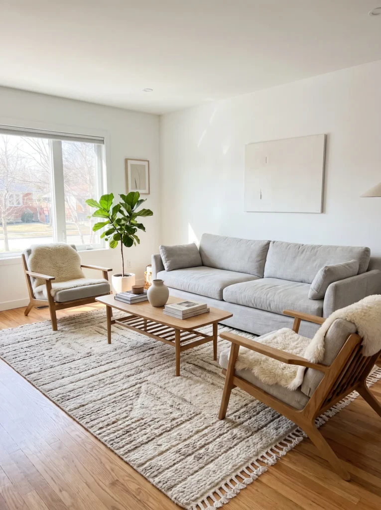 Bedroom with properly sized area rug under the bed