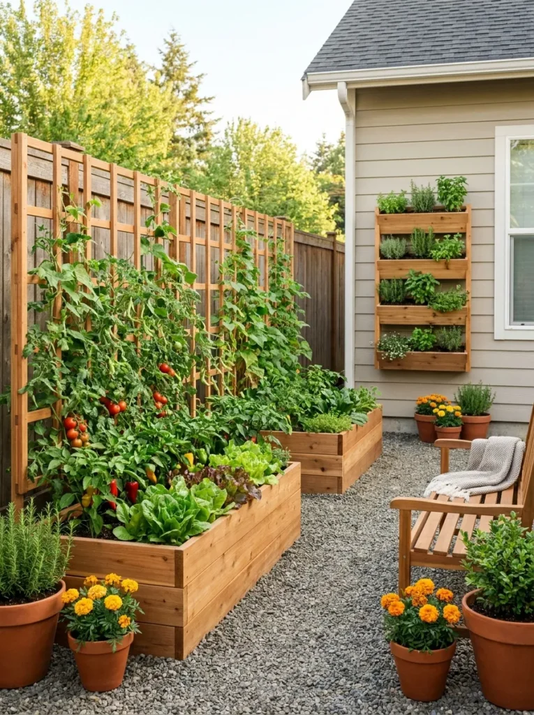 Beginner-friendly small backyard vegetable garden featuring raised beds, trellises, herbs, and organized pathways.