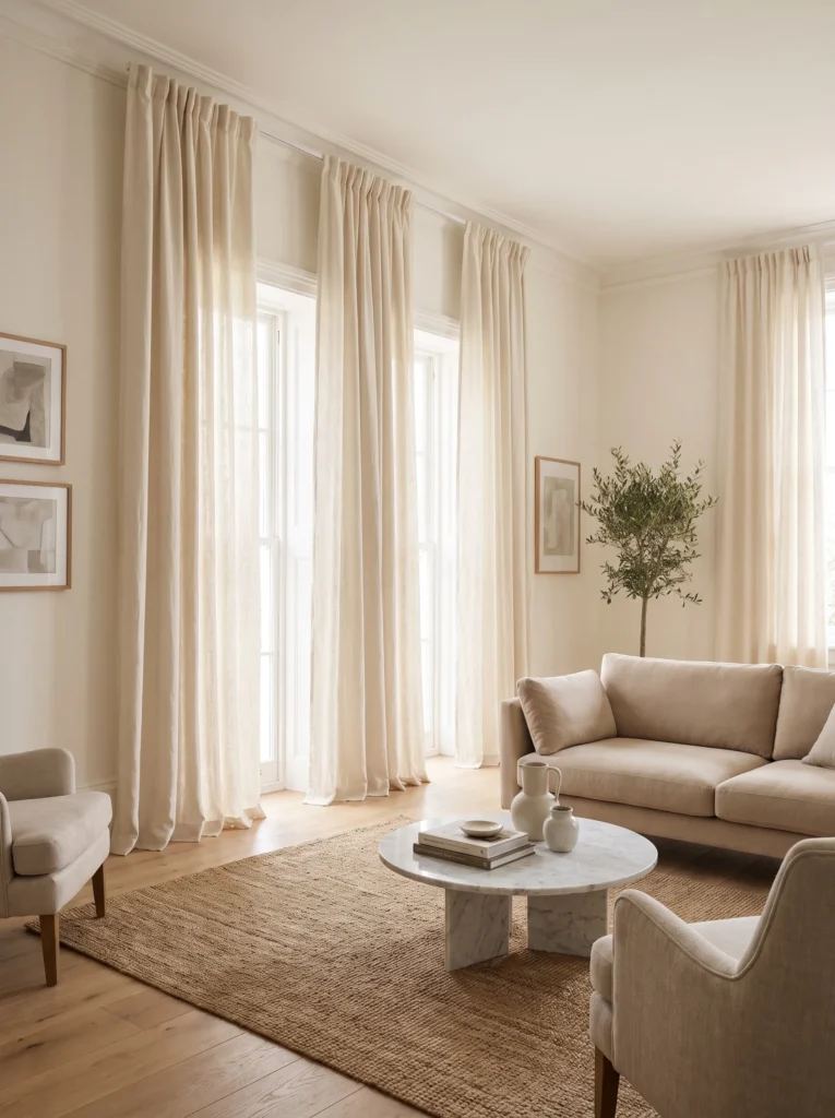 Floor-length curtains making a living room appear taller and more elegant.