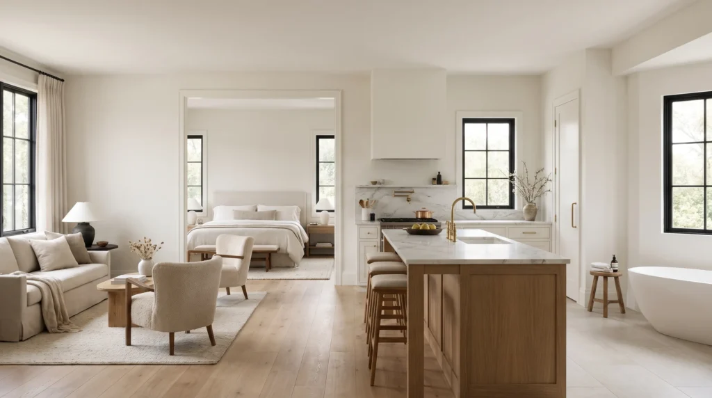 Modern home interior showing different paint finishes across a living room, bedroom, kitchen, and bathroom.