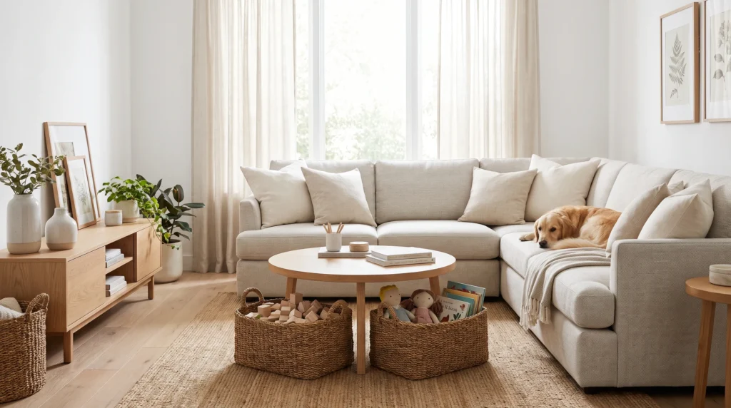 Performance fabric sofa in a family-friendly living room with pet-friendly and child-friendly décor.