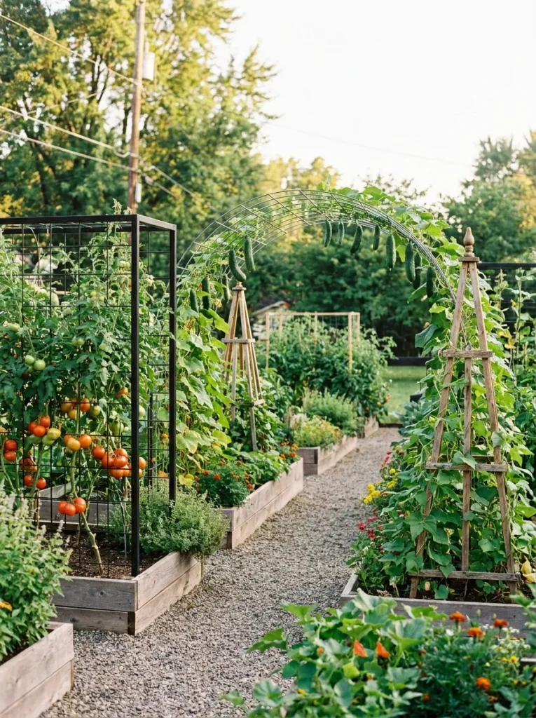 Different trellis systems supporting climbing vegetables in a small backyard garden.