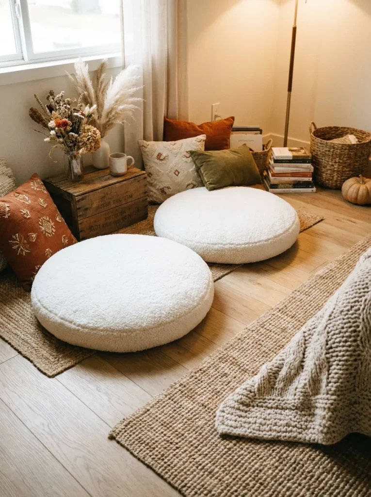 Circular white faux shearling floor cushions on a light wood floor