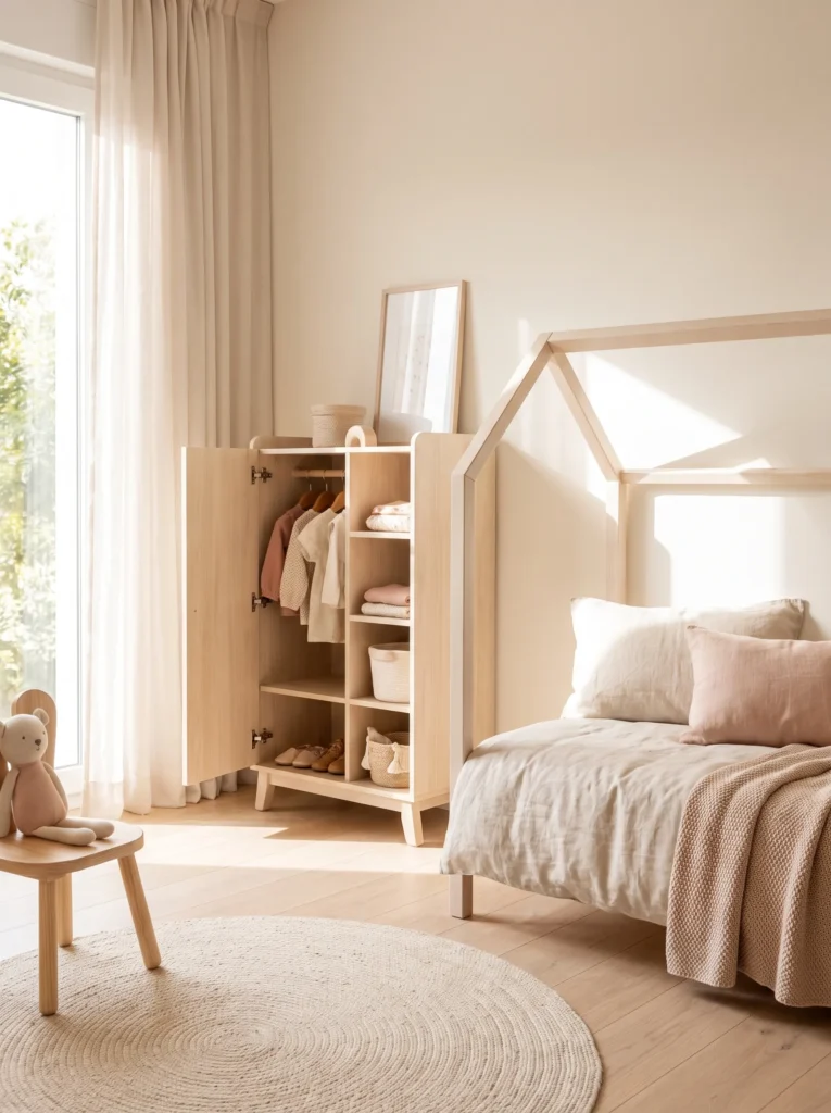 Properly sized wardrobe in a toddler girl's bedroom with plenty of open floor space.