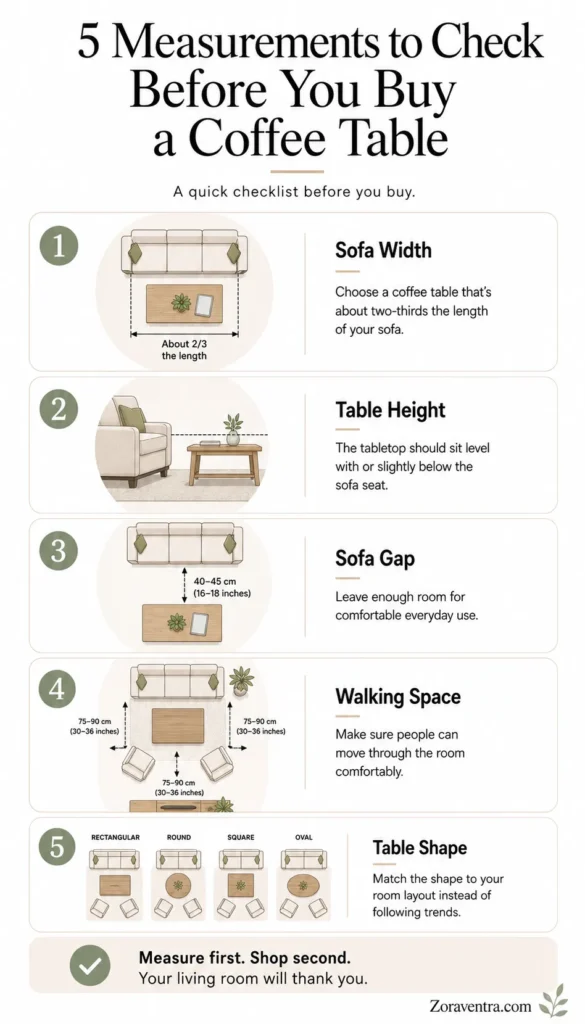 Infographic showing the five key measurements to check before buying a coffee table, including sofa width, table height, spacing, walking clearance, and table shape.