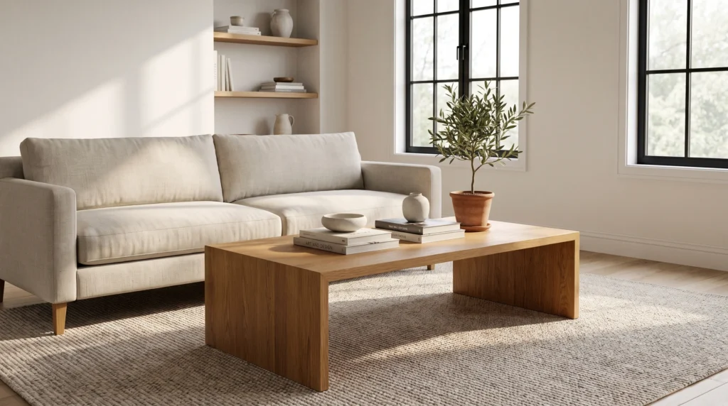 Modern living room showing the correct coffee table size for a sofa.