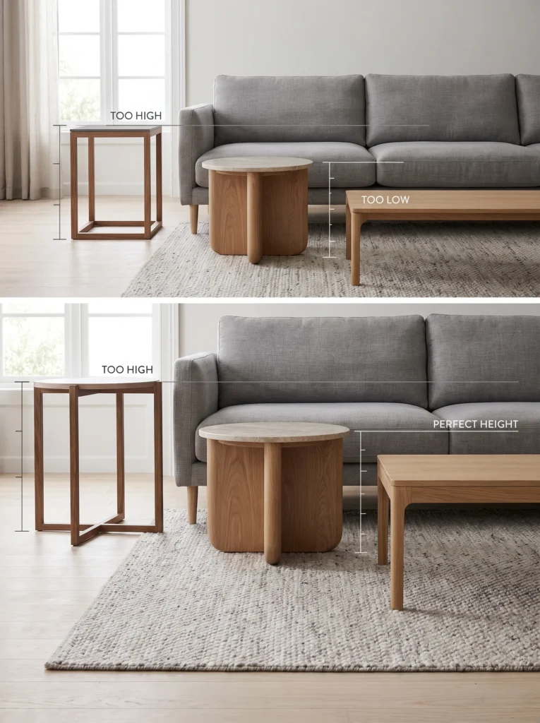 Comparison of correct and incorrect coffee table heights beside a sofa.