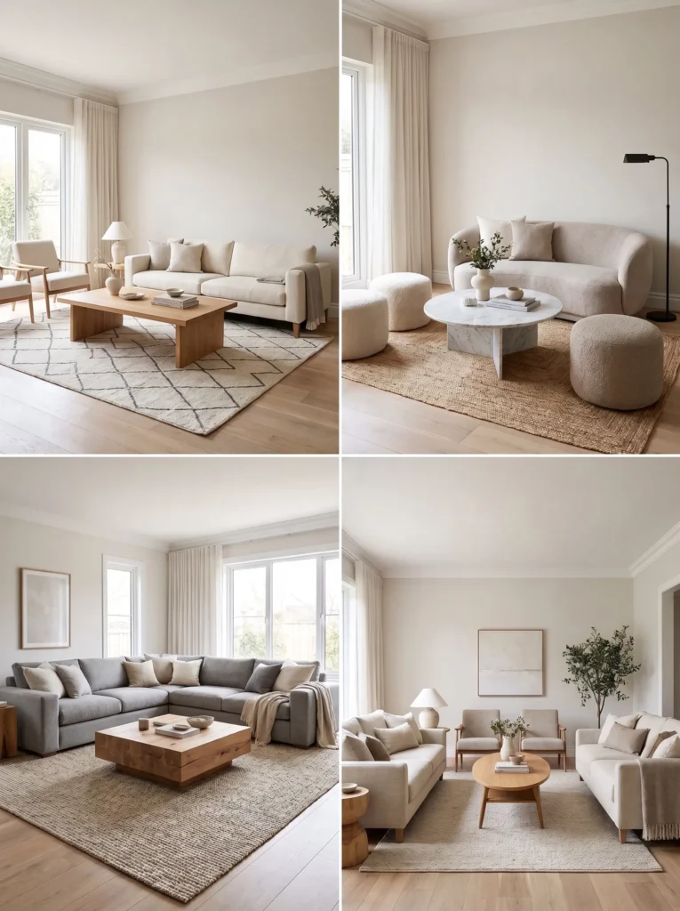 Comparison of rectangular, round, square, and oval coffee tables for different sofa layouts.