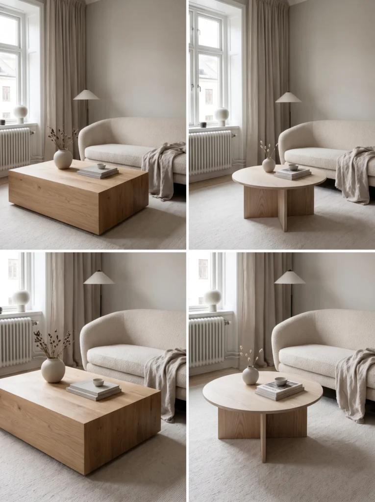 Comparison showing the difference between an oversized and properly sized coffee table.