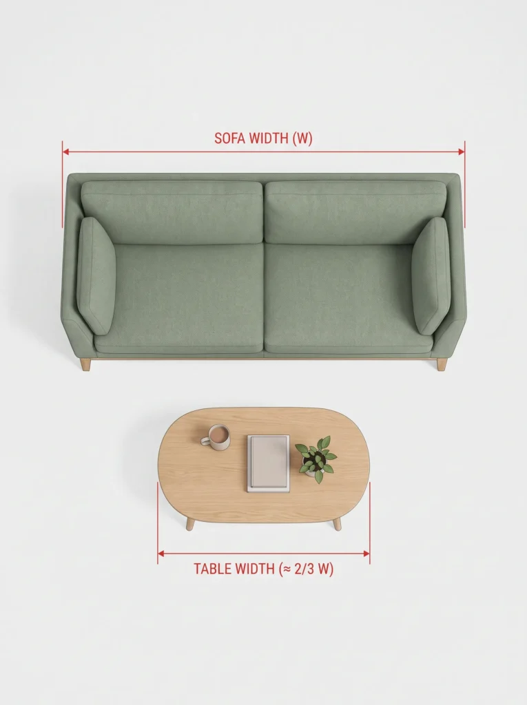 Top-down guide showing the ideal coffee table width compared to a sofa.