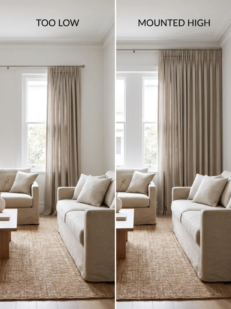 Comparison showing incorrect and correct curtain rod placement.