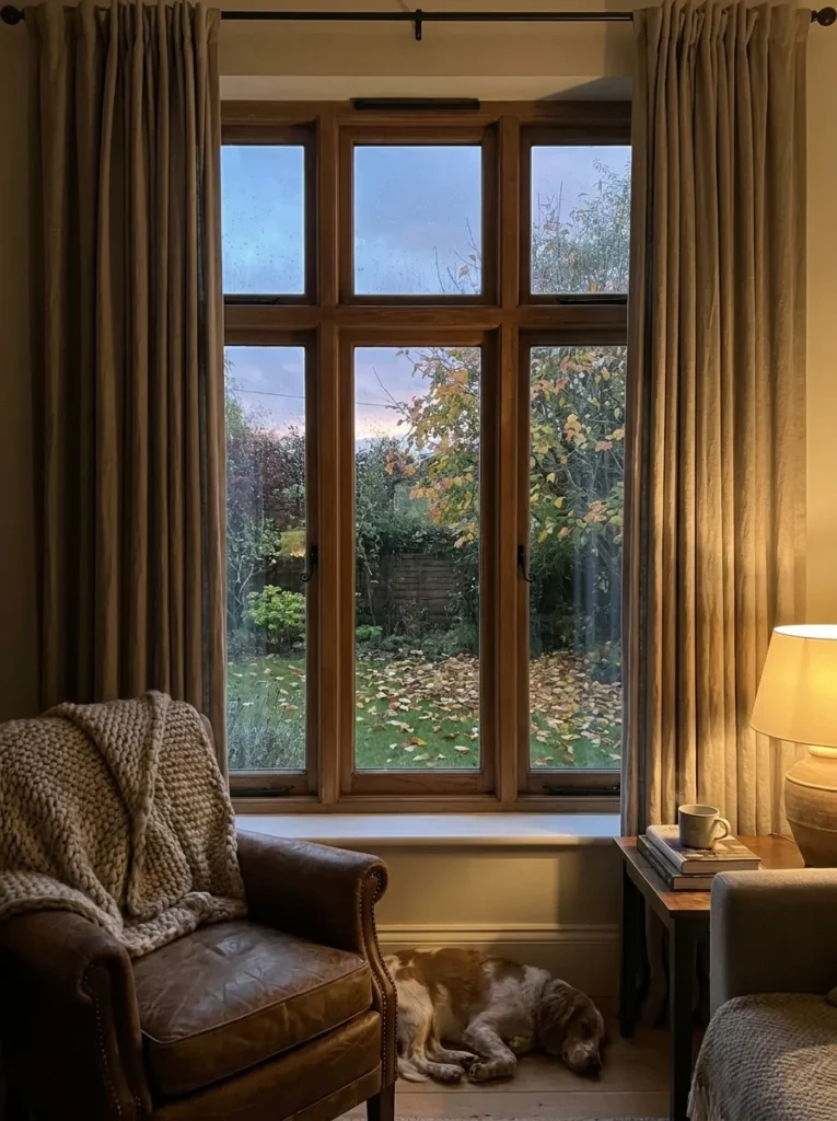 Floor to ceiling heavy linen drapes in mushroom taupe framing a living room window