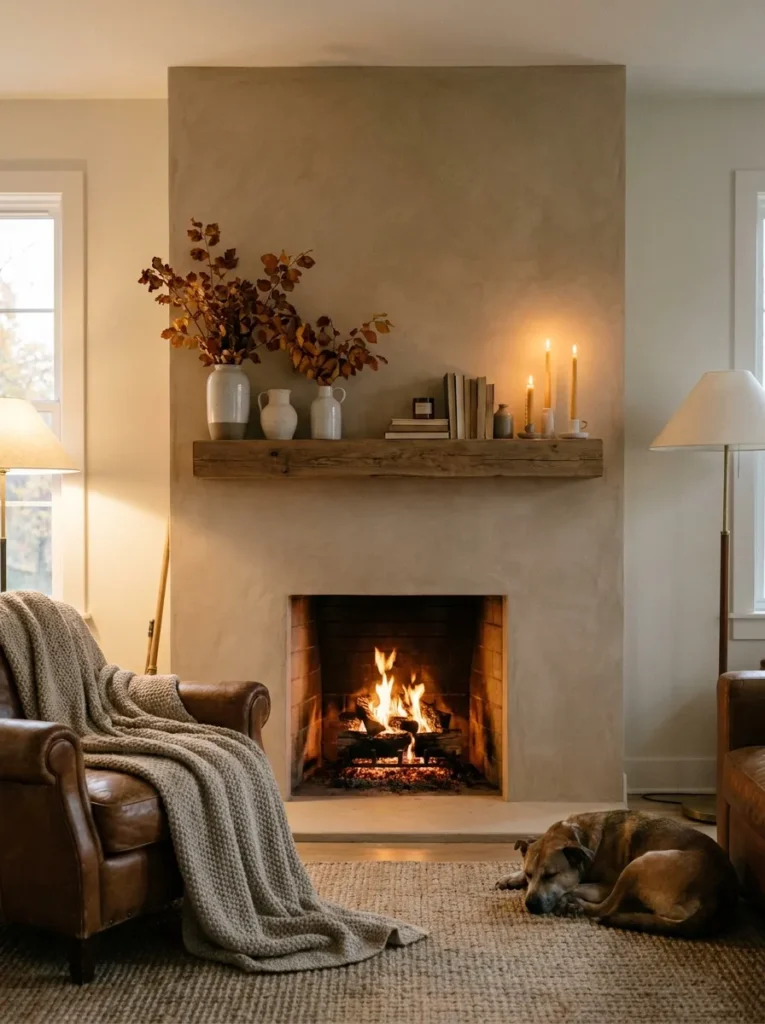 Minimalist fireplace surround finished in a textured matte sand Roman clay plaster
