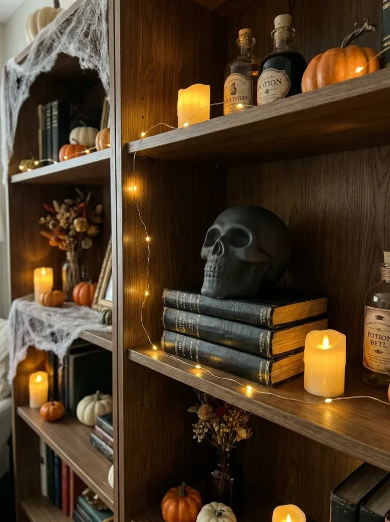 Matte charcoal ceramic skull sculpture sitting on a stack of black linen books