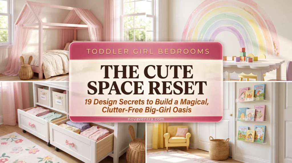 Cute toddler girl small bedroom ideas featuring low pink house beds, watercolor rainbow murals, bow storage drawers, and scalloped book shelves.