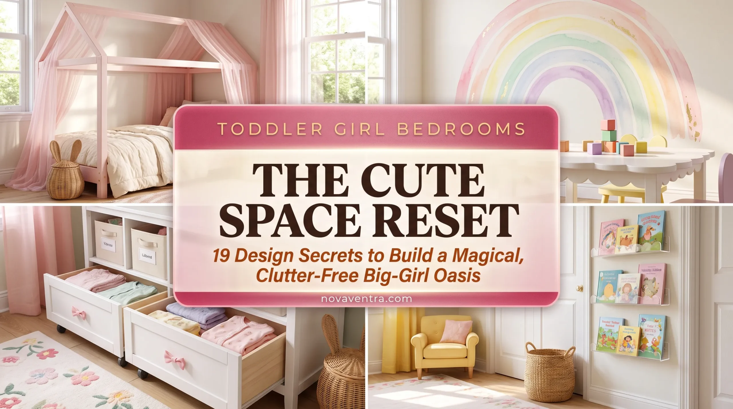 Cute toddler girl small bedroom ideas featuring low pink house beds, watercolor rainbow murals, bow storage drawers, and scalloped book shelves.
