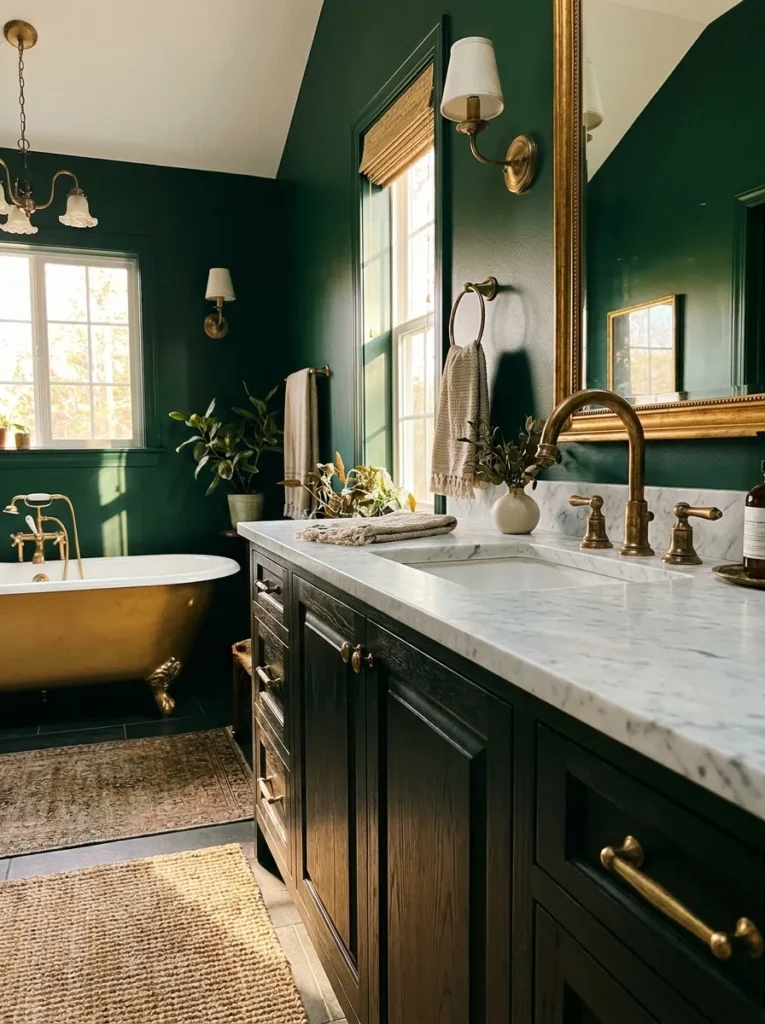 Aged unlacquered brass widespread faucet displaying natural gold patina against a dark green backdrop