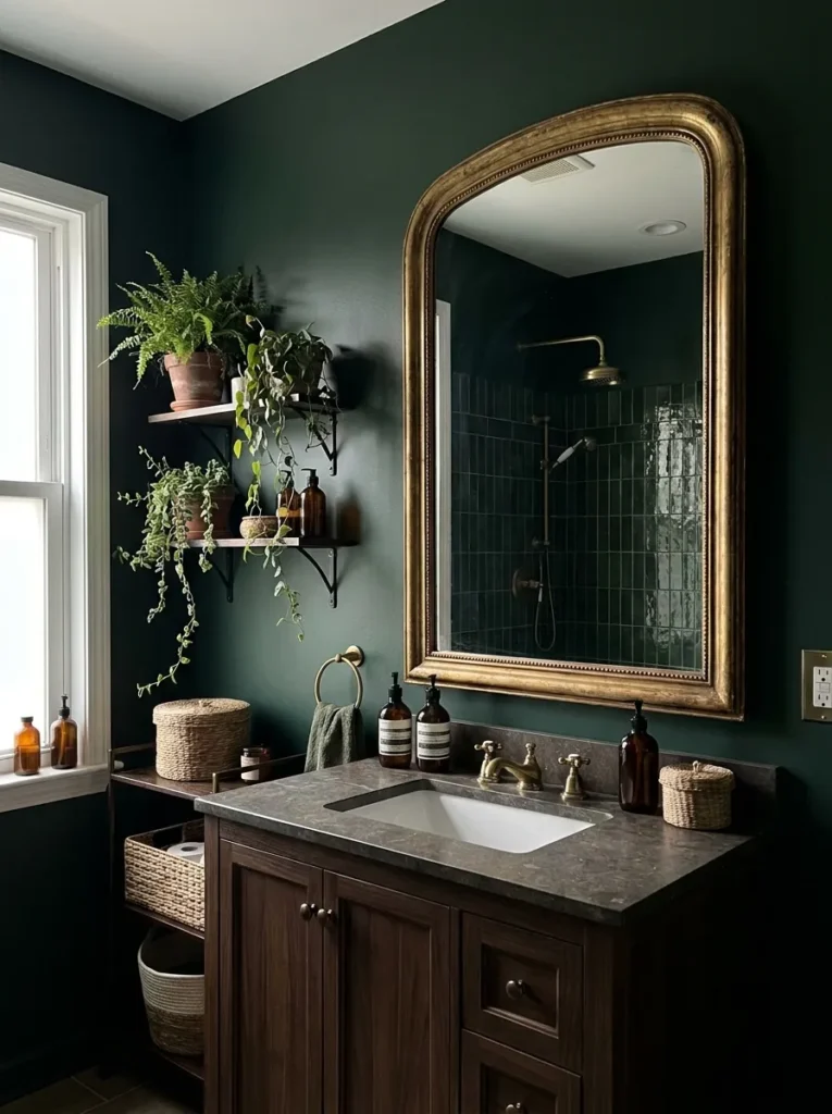 Antique arched vanity mirror with an ornate gold frame on a forest green wall
