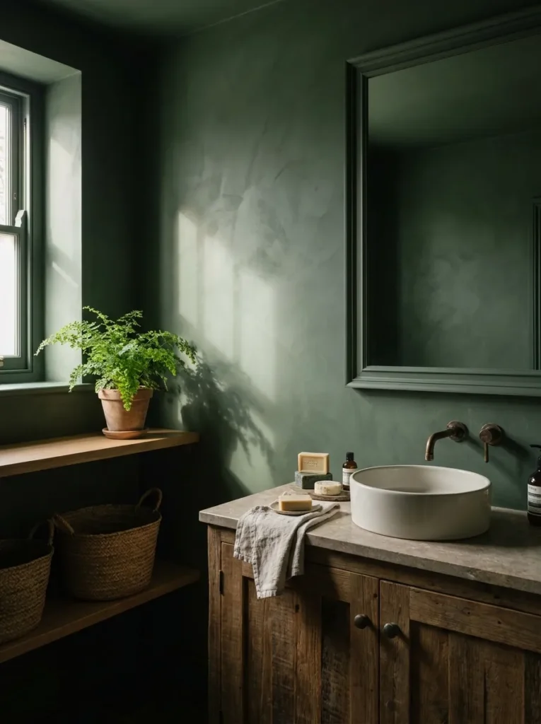 Textured matte forest green Roman clay wall finish in a modern washroom