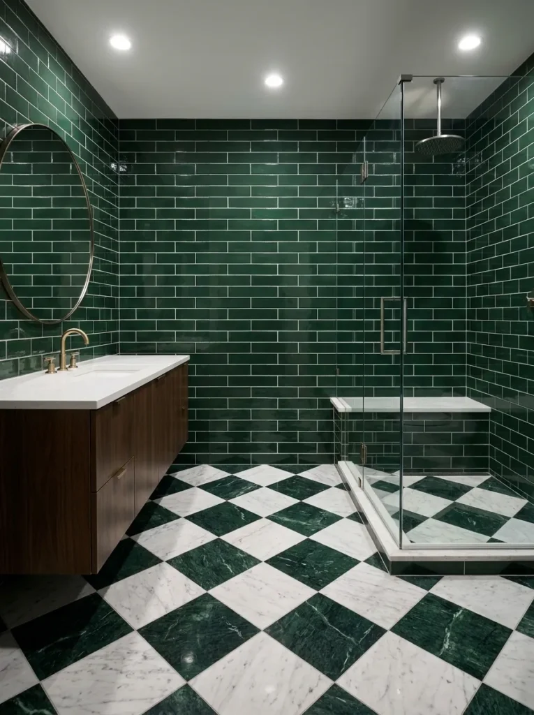 Diagonal checkerboard marble floor tiles in forest green and soft white