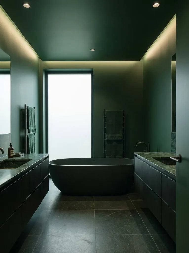 Monochromatic forest green color drenched bathroom layout extending across the ceiling