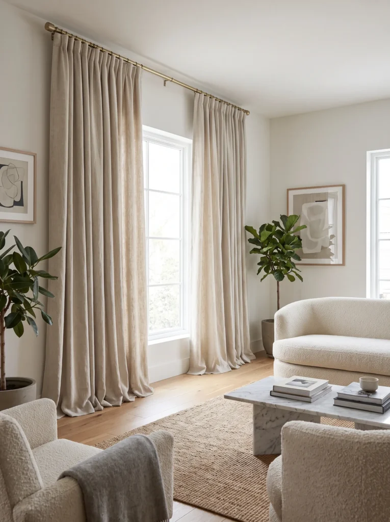 Well-styled floor-length curtains with proper fullness and elegant drape.