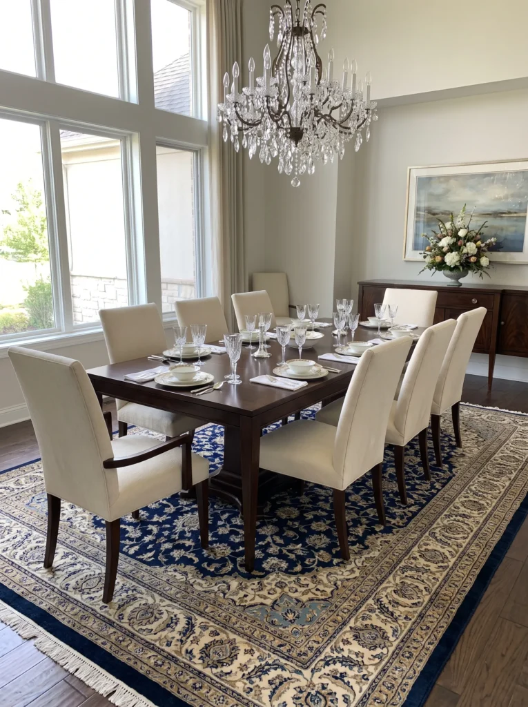Dining room showing correct rug size under table and chairs