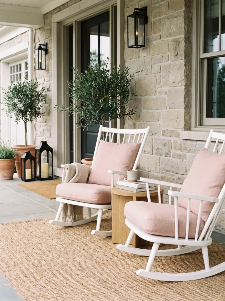Finished soft pink porch featuring natural materials and elegant outdoor styling.
