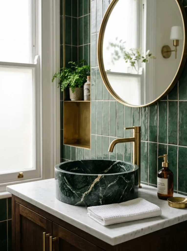 Honed forest green marble vessel sink basin with white veining on a counter