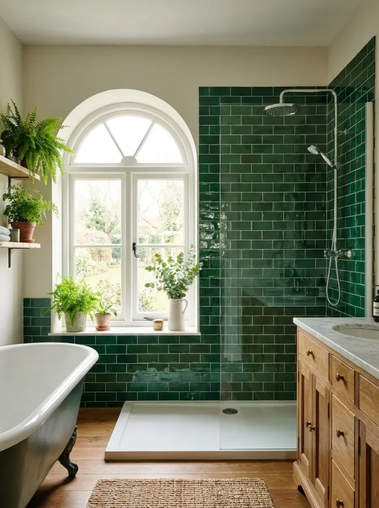High gloss emerald green ceramic subway tiles reflecting light on a shower wall