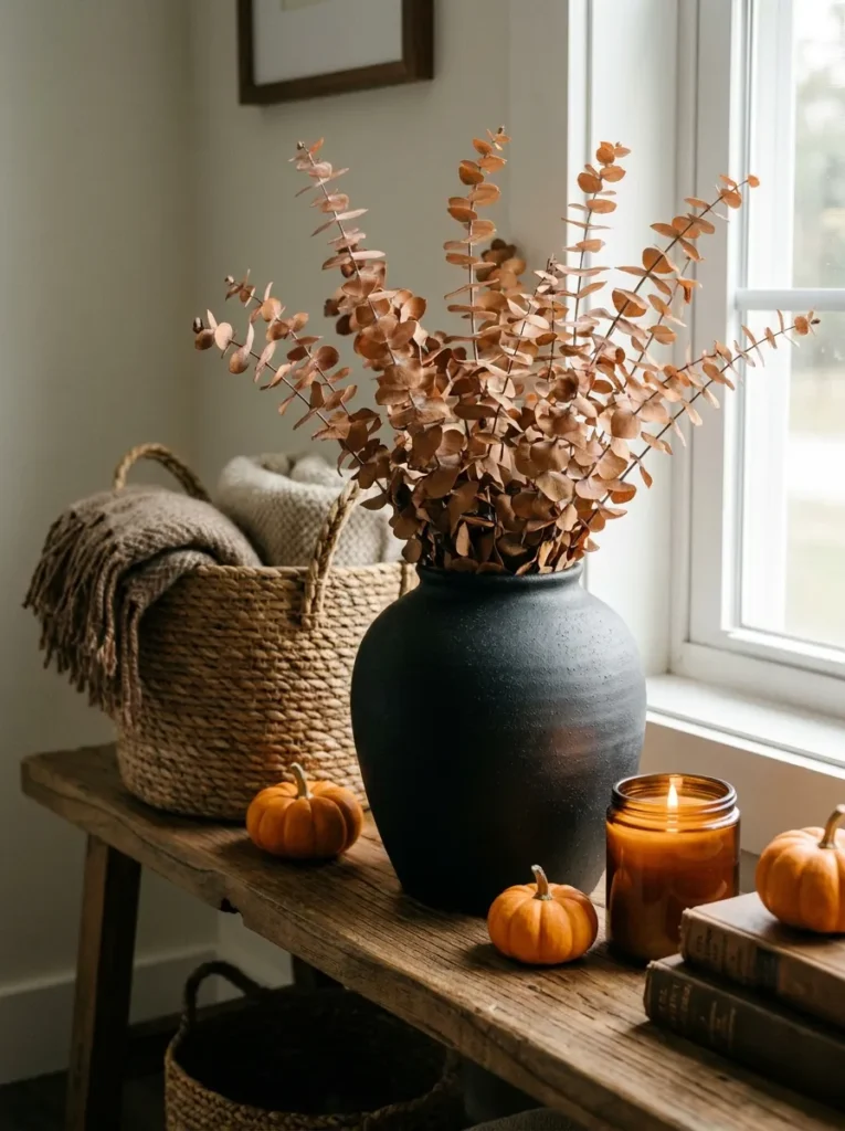 Matte black stoneware vase holding dried copper eucalyptus branches on a shelf