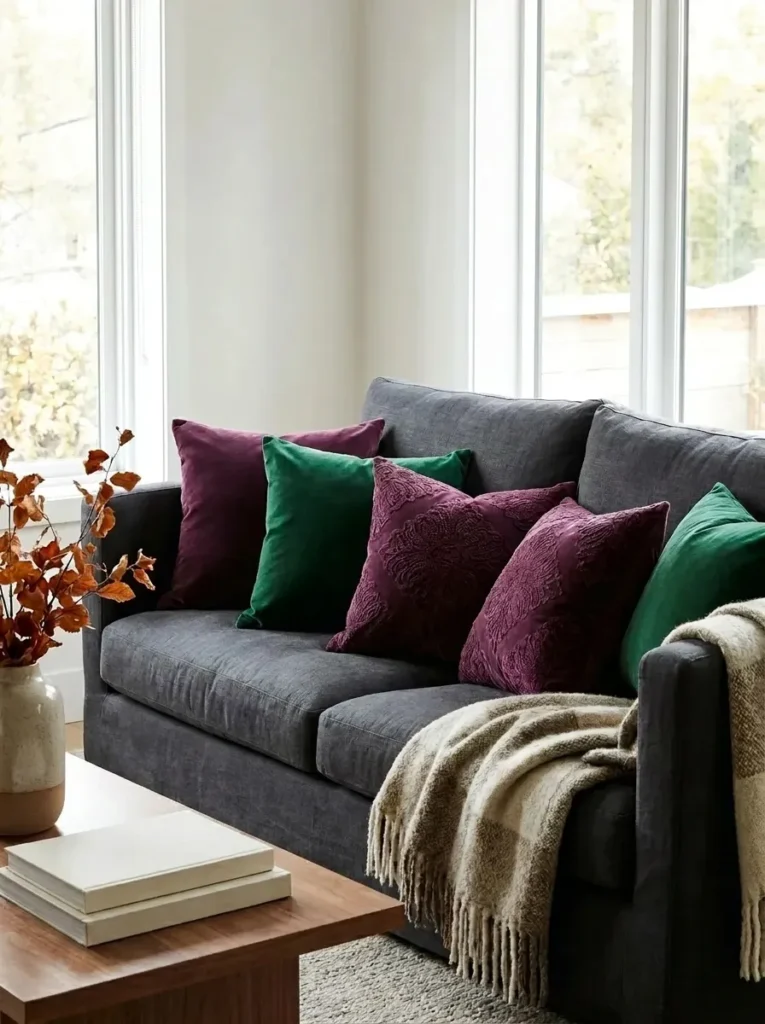 Plum and emerald green velvet throw pillows arranged on a contemporary sofa