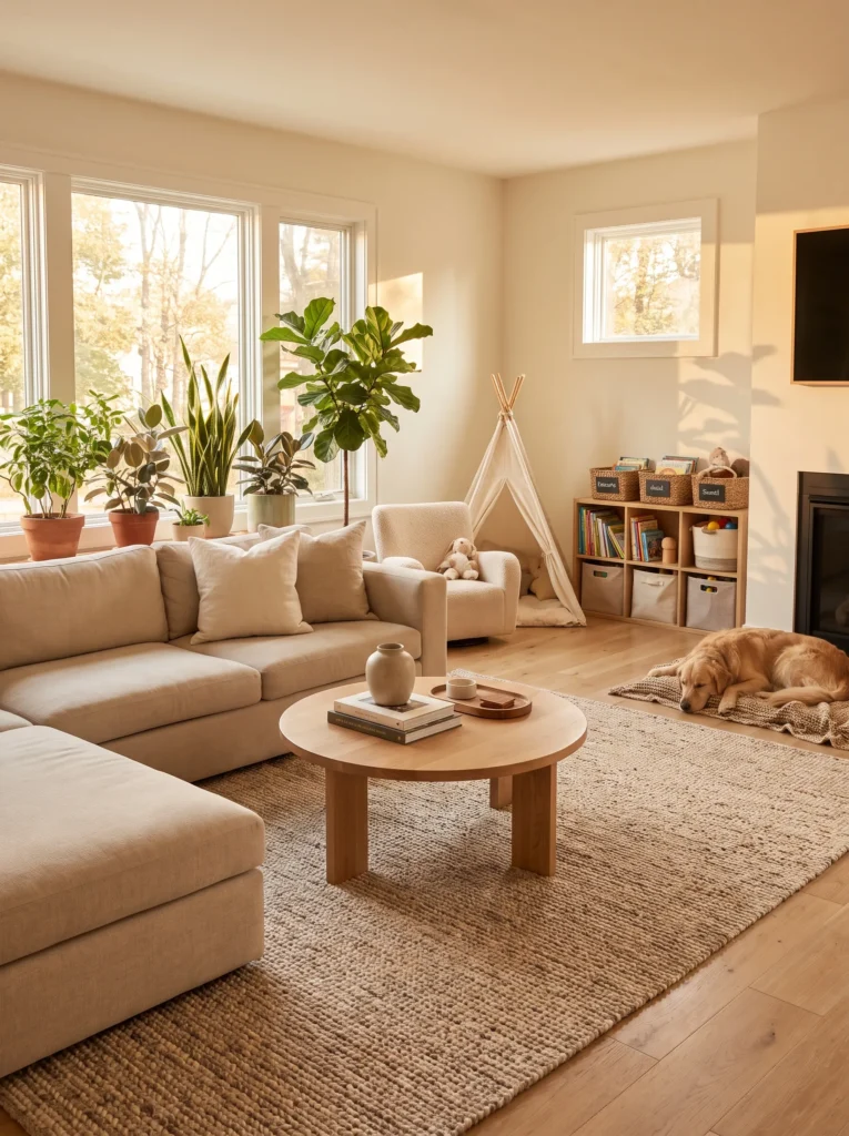 Stylish family living room featuring a durable performance fabric sofa suitable for children and pets.