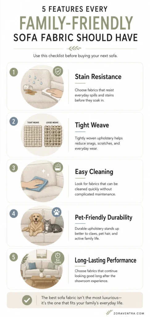 Editorial infographic showing five essential features of the best sofa fabric for kids and pets, including stain resistance, tight weave, easy cleaning, pet-friendly durability, and long-lasting performance.