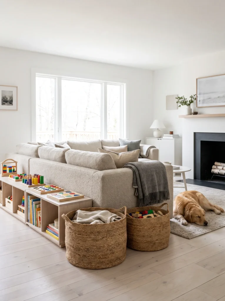 Family living room with a durable sofa designed for children and pets.