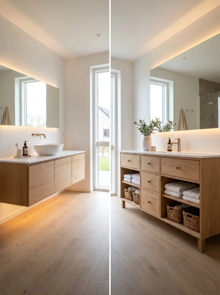 Comparison of floating and freestanding bathroom vanities in modern bathrooms.