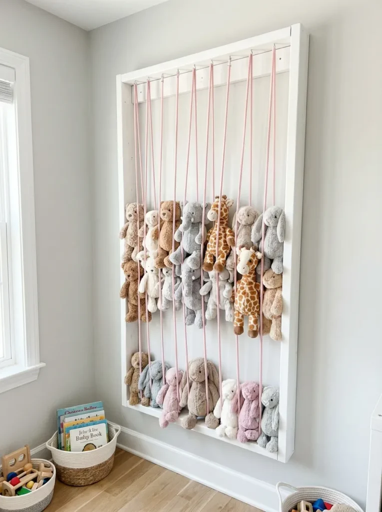 Tall white wooden wall frame with vertical pink bungee cords organizing plush toys