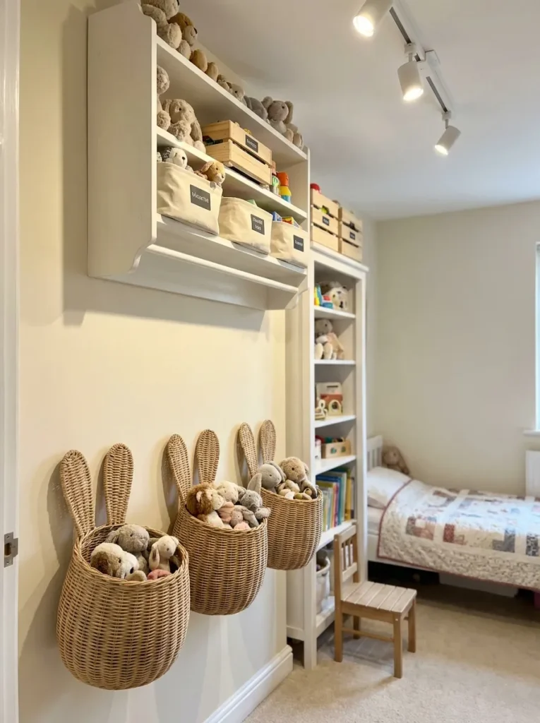 Woven rattan bunny head baskets holding plush toys on a bedroom wall