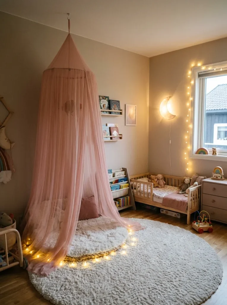 Soft pink tulle canopy hanging from the ceiling with glowing star fairy lights