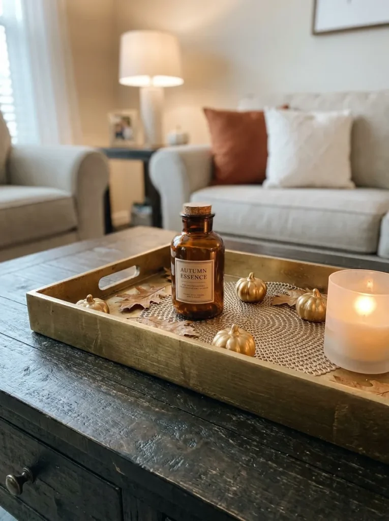 Brushed gold metal decorative tray holding home accents on a dark wood table