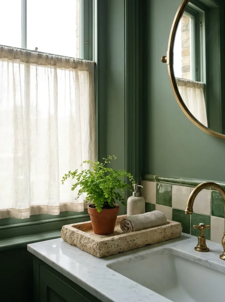 Travertine stone organizer tray holding a small green fern on a marble vanity