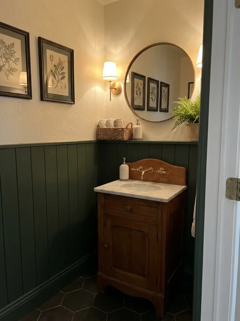 Deep hunter green wainscoting installed in a small powder room layout