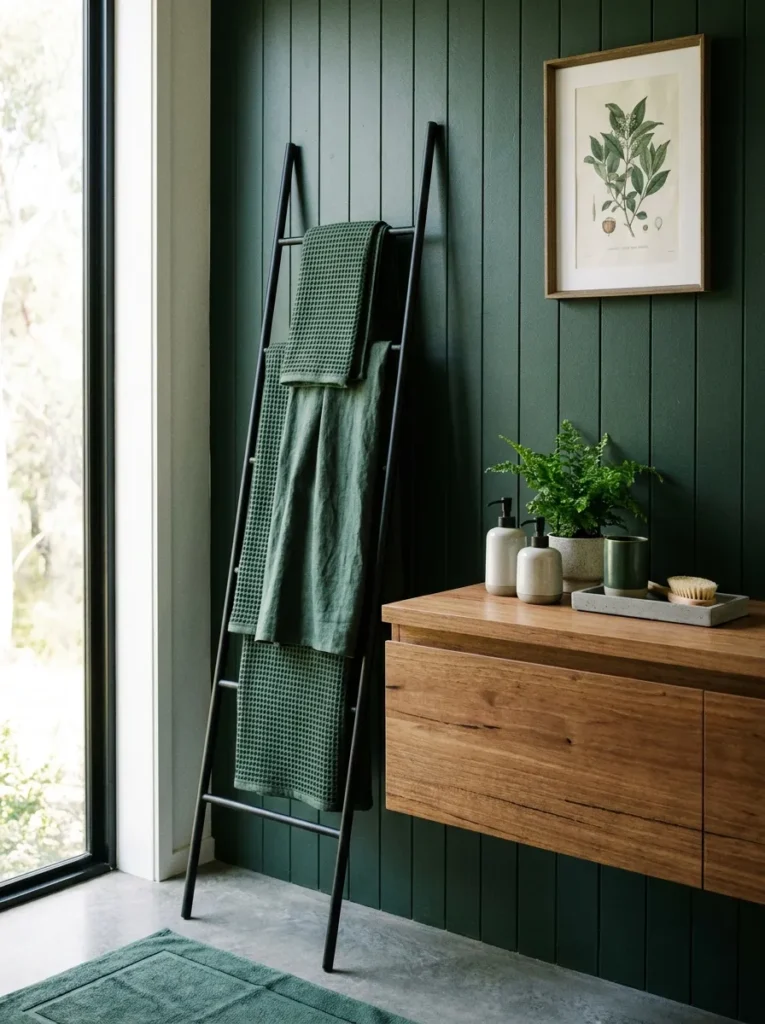 Minimalist matte black iron towel ladder leaning against a hunter green wall