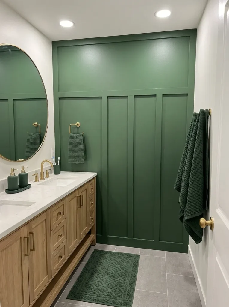Matte hunter green board and batten accent wall showing clean vertical shadow lines