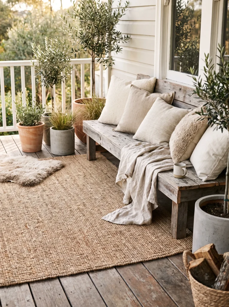 Layered textures including a woven rug, linen cushions, and wooden furniture on a minimalist porch.