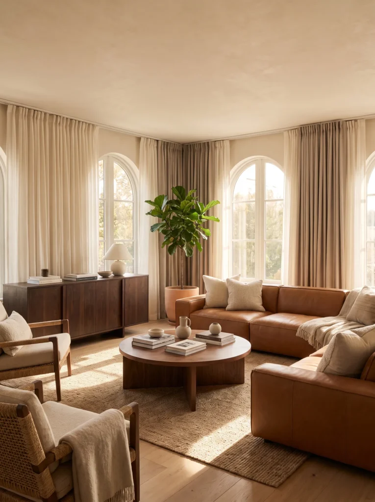 Leather sofa in a modern family living room with timeless interior styling.