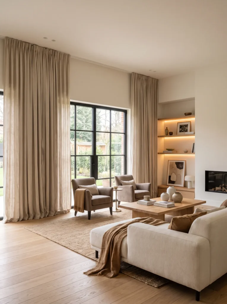 Living room with curtains that just touch the floor.