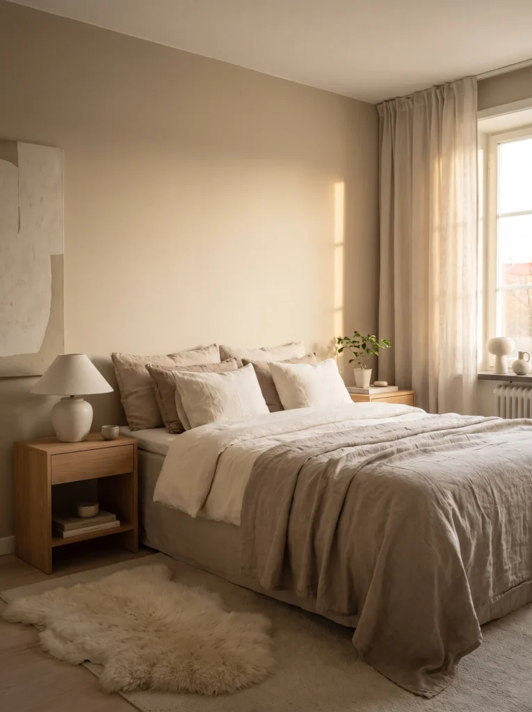 Bedroom with matte paint finish creating a calm and relaxing atmosphere.